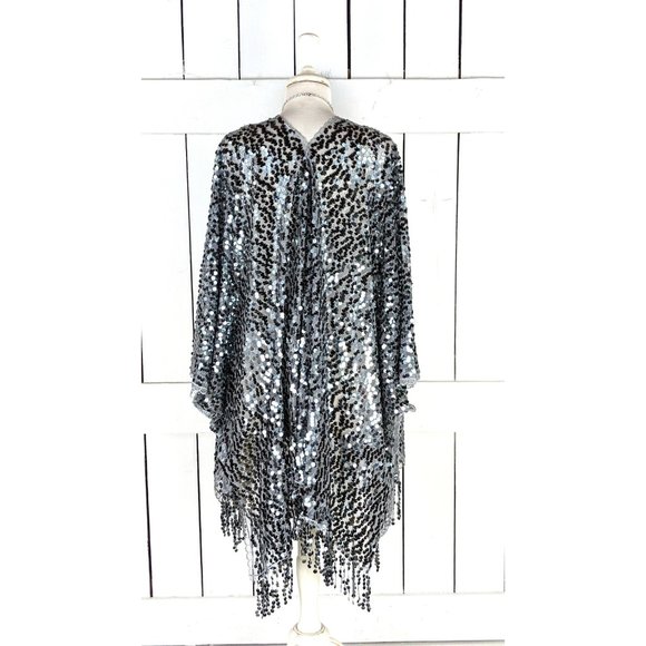 Gray silver round sequin kimono cover up cardigan fringe jacket - Picture 4 of 6